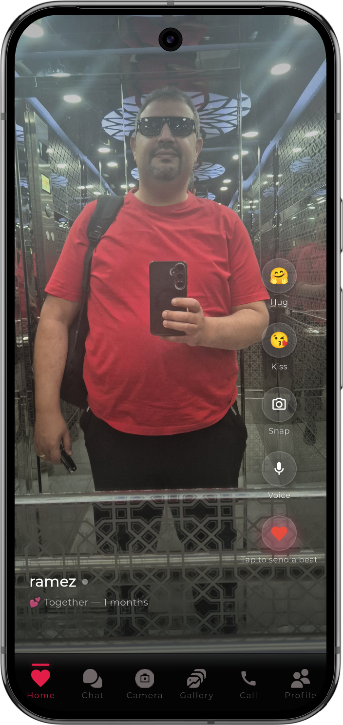 Heartbeat home dashboard — tap to send a heartbeat, Hug, Kiss, Snap, Voice