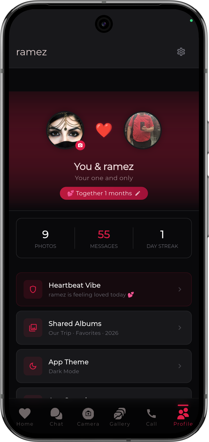 Profile — Together status, day streak, shared stats, Heartbeat vibe